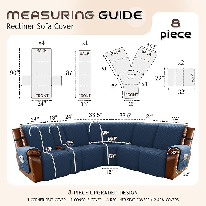 Arfntevss Waterproof Recliner Sectional Couch Covers for Reclining L Shape Sofa Cover Non Slip Washable L Shaped Slipcover Sets for Dog Furniture Protector (5 Seat with 1 Console Cover, Dark Blue) - Image 5