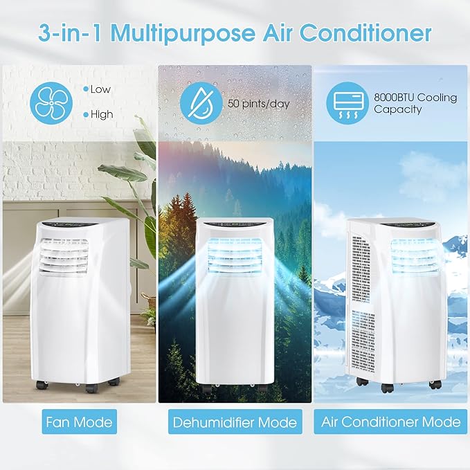 COSTWAY Portable Air Conditioners, 8000 BTU Air Conditioner Unit spaces up to 230 Sq.Ft with Remote Control Dehumidifier Function Window Wall Mount, 4 Caster Wheel, Sleep Mode and 2 Fan Speed - Image 3