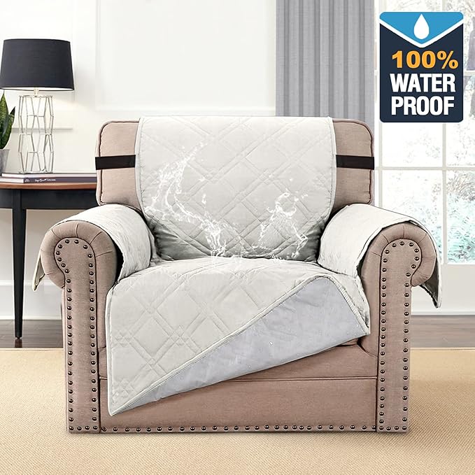 H.VERSAILTEX 100% Waterproof Sofa Slipcover Washable Armchair Cover Non-Slip Furniture Protector for Living Room Couch Cover for Pets Chair Cover with Puppy Paw Silicone Backing (Armchair, Off White) - Image 2