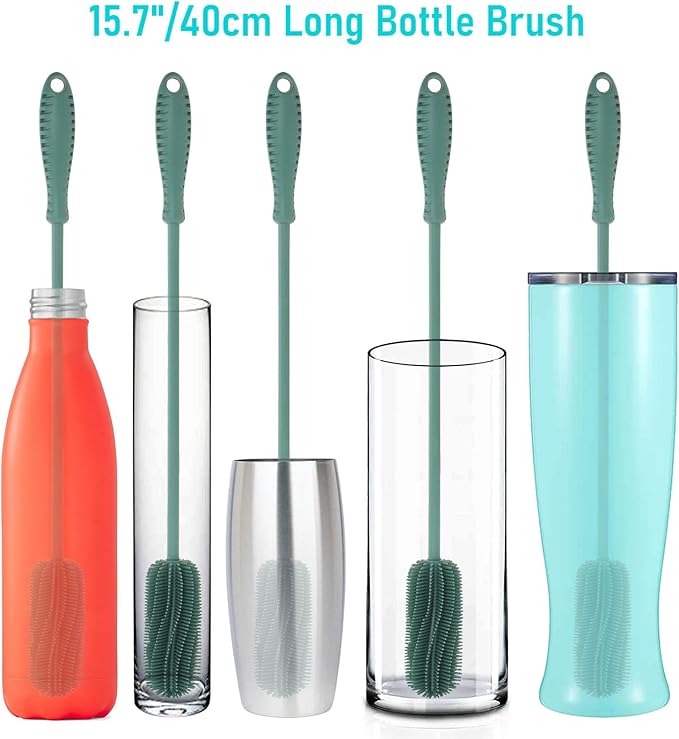 15.7" Silicone Bottle Brush, ddLUCK Water Bottle Cleaner Brush for Stanley, Hydroflasks, Glass, Thermos Sports Bottle, Vase and Glassware, Bottle Brush Cleaner for Small Narrow Neck Containers (Green) - Image 7