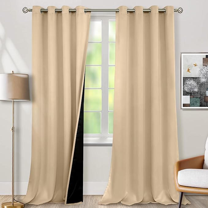 BGment 100% Blackout Curtains 108 Inch Long 2 Panles Set, Thermal Insulated Total Light Locking Soundproof Grommet Curtains & Drapes for Living Room with Black Liner, 52 Inch Wide Each, Beige by BGment