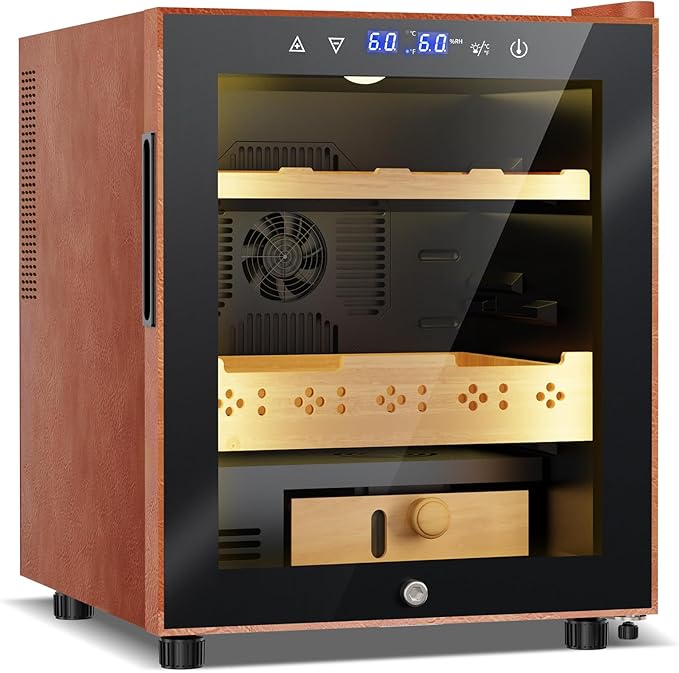 Electric Humidor with Leather-50L Cooling & Heating Humidor, Smart Touch Control Humidity & Temp, Humidors wtih Spanish Cedar Wood Tray and Drawer, Digital Display, Safety Lock, Desktop Gift for Men by Velivi