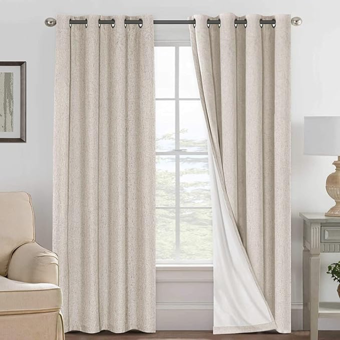 H.VERSAILTEX Blackout Curtains, Linen Curtains 108 inches Long 100% Black Out Curtains for Bedroom Windows, Textured Linen Look Draperies Grommet with White Liner, 2 Panels, Natural by HVERSAILTEX