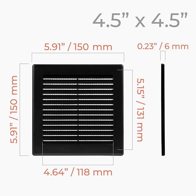 6" x 6" (Outer Size) Square Air Vent Cover – Black Plastic Vent Deflector - Screen Mesh, Surface Mount Wall Ceiling – Cold Air Return Soffit Air Vent Cover - Register Indoor Outdoor - Image 4