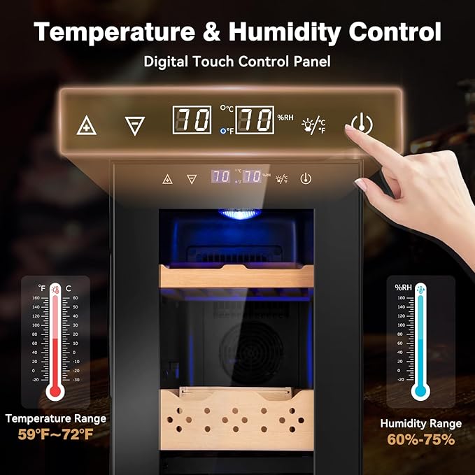 Electric Cooler Cabinet 25L with Temperature and Humidity Control, Spanish Cedar Wood Shelves and Safety Lock (200 Counts Capacity), Gift for Men - Image 3