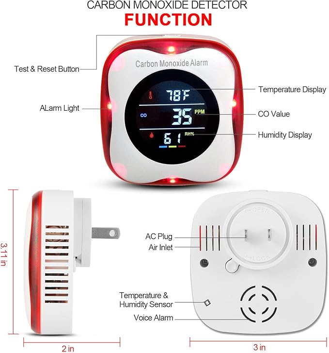 Plug-in Carbon Monoxide Detector with Real-time CO Display and Temperature and Humidity Monitor, Suitable for Home, RV, Apartment, Indoor air Safety Plug-in CO Compact Alarm - Image 7