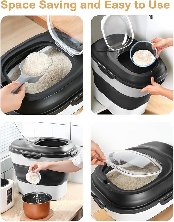 20-50 Lbs Food Storage Containers,Collapsible Rice Container with Wheel Airtight Locking Lid,Flour Storage Container with Small Food Container and Scoop,Suitable for Food,Rice,Pet Food,Flour - Image 5