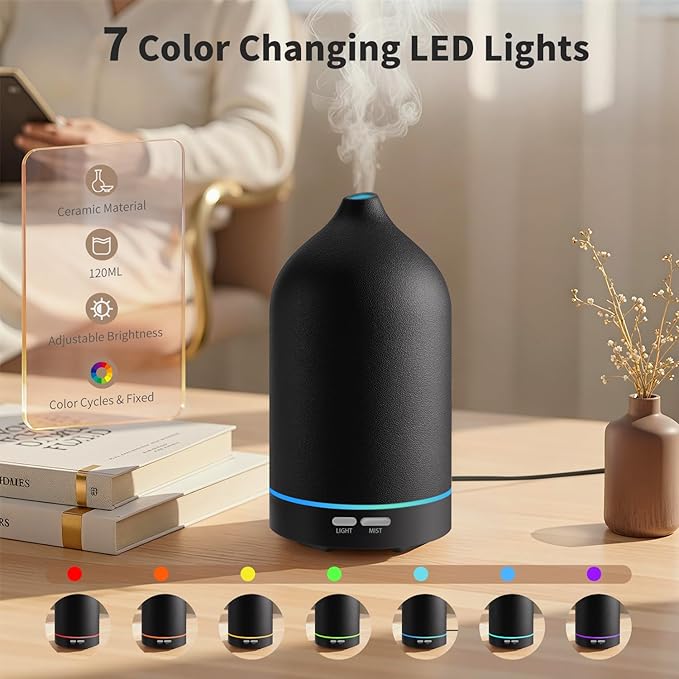 URPOWER 120ML Essential Oil Diffuser, Ultrasonic Aromatherapy Diffuser with Sleek Black Ceramic Design, 7-Color LED Lights, Auto Shut-Off, Humidifier for Home & Office, Scent Diffuser for Relaxation - Image 3