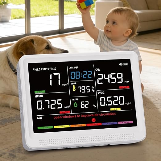 Upgrade 16 in 1 Air Quality Monitor Indoor 15h Battery & 5.5" Display 9 AQI+7 AQI Alerts, CO2 Monitor Air Quality Tester for CO2, TVOC, PM2.5 PM1.0 PM10, HCHO Temperature Humidity AQI & Time Air Meter by YNAK