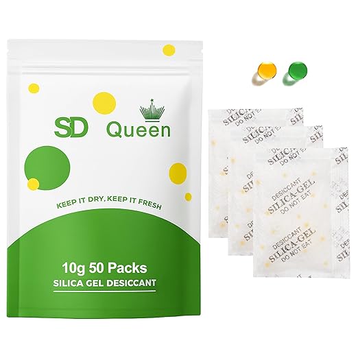 50-Pack 10g Silica Gel Desiccant Packs – Premium Rechargeable Moisture Absorbers with Color Indicator for Tool Boxes, Ammo Cans, Camera Gear & Clothing Storage by SD+Queen