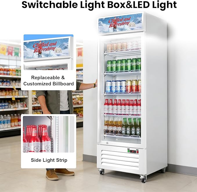 Commercial Beverage Refrigerator with Glass Door, 383L Display Fridge Beverage Cooler with Customizable Lightbox Adjustable Shelves, Drink Fridge Merchandiser for Restaurant Shop, White - Image 3