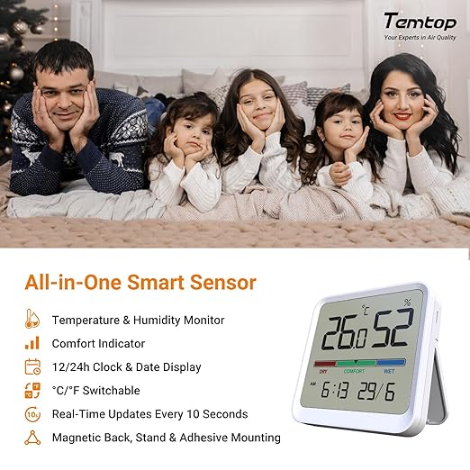 Temtop Indoor Thermometer Hygrometer, Precision Digital Temp/Humidity Monitor with Magnet & 3M Sticker, Date & Time, Wall/Magnet/Stand Mount, for Home, Office, Nursery, T1-SE 2 Pack - Image 2