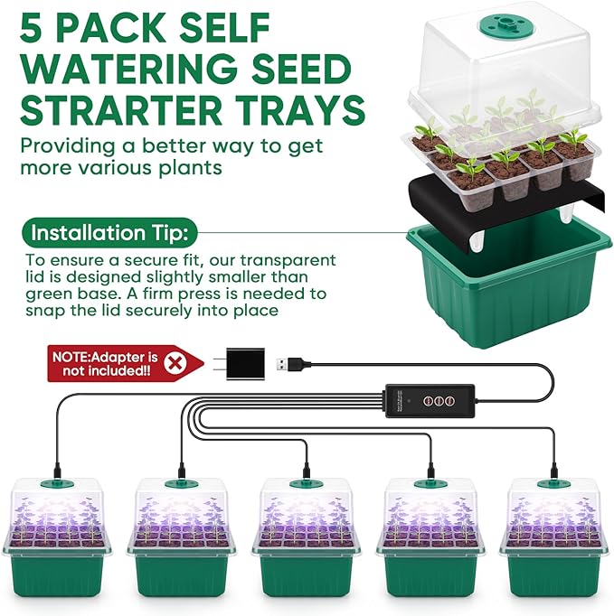 BlumWay Self-Watering Seed Starter Tray Kit with Grow Light and Humidity Dome,3 Color Growing Light,5-Pack 60-Cell Plant Seedling Tray,Reusable Plastic Germination Trays,Timed Light Plant Starter Set - Image 6