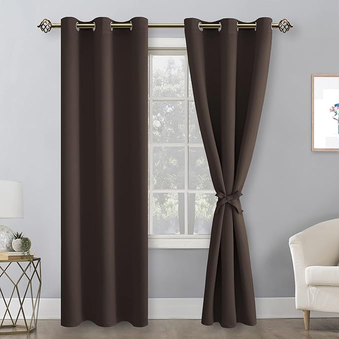 Hiasan Blackout Curtains for Bedroom, 42 x 84 Inches Long - Thermal Insulated & Light Blocking Window Curtains for Living Room, 2 Drape Panels Sewn with Tiebacks, Brown - Image 2