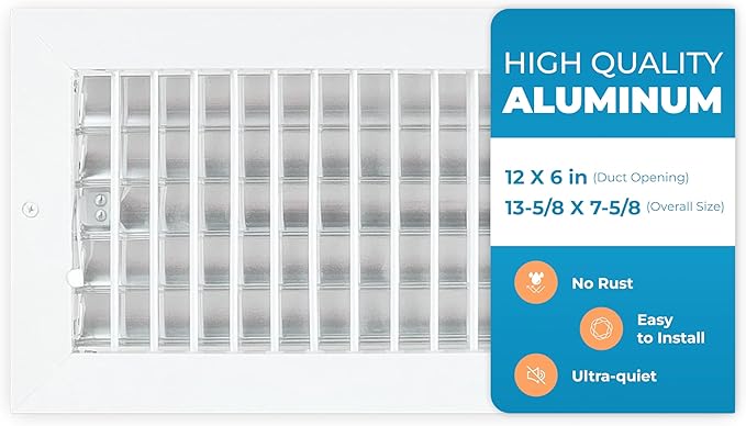 Aluminum 12 x 6 In (Duct Opening) Heater Vent Deflector Wall AC Grille – Premium Register Vent Cover – Durable Rustproof Wall Grille – Overall Size 13-5/8 x 7-5/8 Inch – Adjustable Front Blades, White by Air360