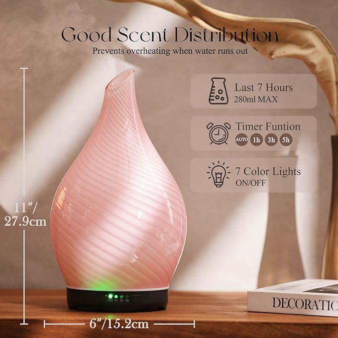 Porseme 280ml Essential Oil Diffuser Glass Color Changing Aroma Air Diffusers Aromatherapy Ultrasonic Cool Mist Humidifier 7 Running Hours Waterless Auto-Off for Sleeping, Yoga, Spa (Pure Pink) - Image 3