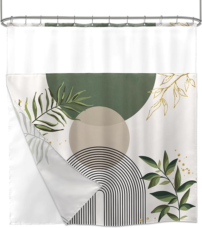 Sage Green Boho Shower Curtain with Snap in Liner Modern Mid Century Abstract Minimalist Gold Leaves Plant Sun Geometric Arch 72Wx72H Bathroom Decor Bath Curtain Fabric Polyester 12 Pack Hooks - Image 7
