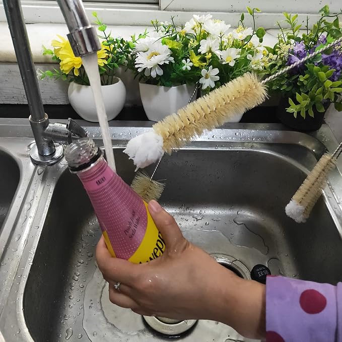 NewFerU Stainless Steel Soda Bottle Cleaning Brush Set in Natural Boar Bristle Wool Tip Long Handle, Flexible Bendable Thick Wire Cleaner for Narrow Neck Water Baby Bottles Straw Pipe Tube Flask (3) - Image 5