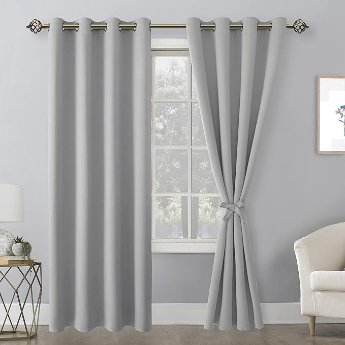 Hiasan Blackout Curtains for Bedroom, 52 x 84 Inches Long - Thermal Insulated & Light Blocking Window Curtains for Living Room, 2 Drape Panels Sewn with Tiebacks, Silver Grey - Image 2