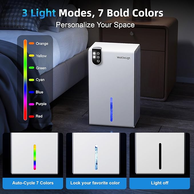Dehumidifier for Home 1000 Sq. Ft. Smart Dehumidifier with Auto Shut-Off, Sleep Mode, 7 Color Light & Drain Hose, Timer, Dehumidifier for Basement, Bedroom, Bathroom, Living Room(Frost White) - Image 6