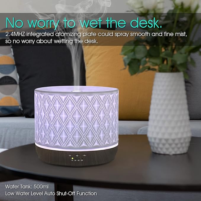 Earnest Living Essential Oil Diffusers for Essential Oils Large Room Diffuser White Ceramic Diffuser 500ml Aromatherapy Diffuser with 4 Timers 7 Night Lights and Auto Off Function for Home Gift - Image 6