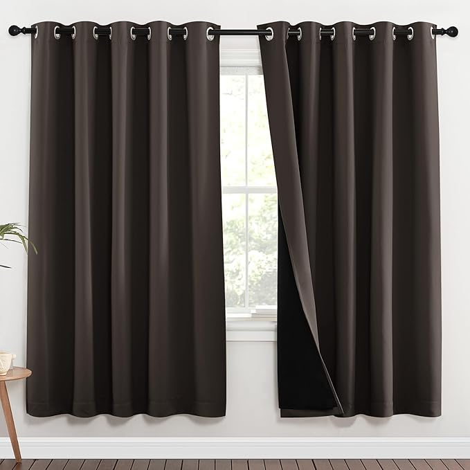 NICETOWN 100% Blackout Window Curtain Panels, Brown, 2 Pieces, 62-inch Wide Per Panel, Full Light Blocking Drapes with Black Liner for Nursery, 72-inch Drop Thermal Insulated Draperies by NICETOWN