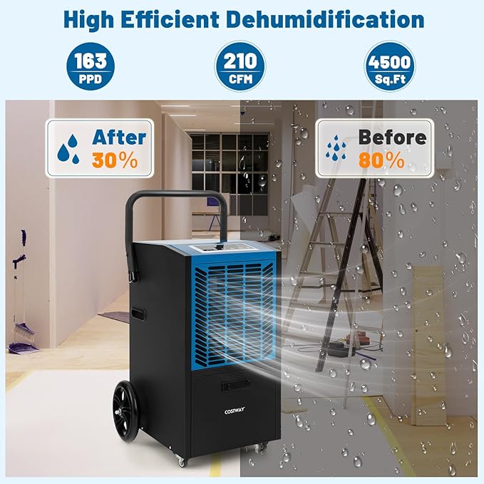 COSTWAY 163 Pints Commercial Dehumidifier, 4500 Sq.Ft Crawl Space Dehumidifier with Pump & Drain Hose, 24H Timer, for Basement, Warehouse, Job Site (Blue) - Image 2