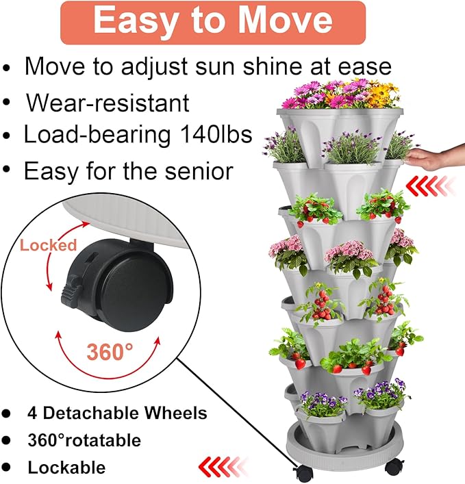 GameXcel Vertical Planter 7 Tier Stackable Planters Garden Planters Strawberry Herb Flower and Vegetable Planter Indoor Outdoor Gardening Pots with Removable Wheels and Tools - Image 5