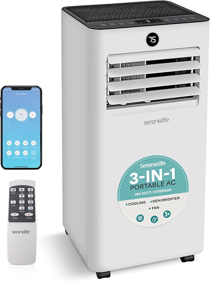 SereneLife 10,000 BTU Portable Air Conditioner, Small AC with Dehumidifier and Fan, Wifi Function, Mini AC Unit with 450 Sq. Ft. Coverage, Includes Remote Control and Window Mount Kit by SereneLife