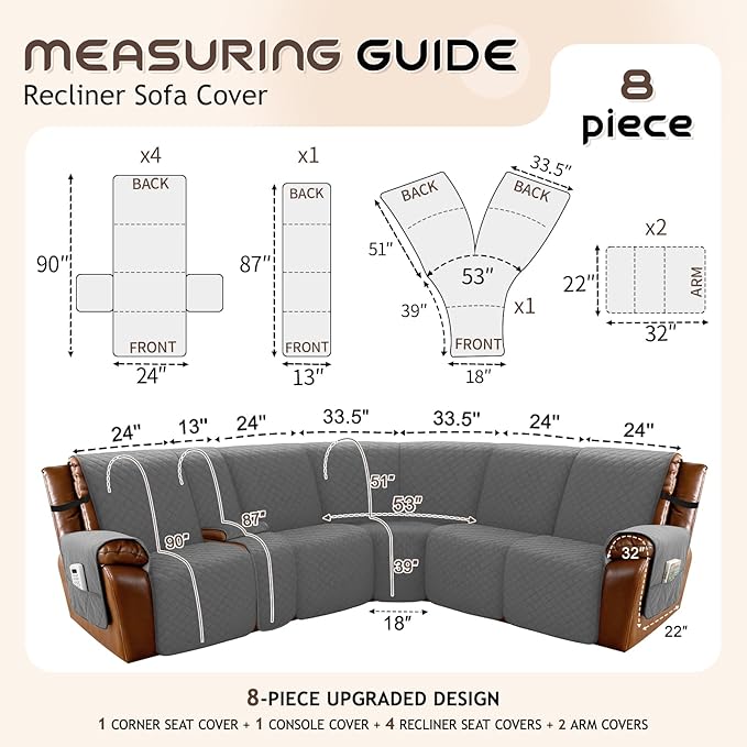 Arfntevss Waterproof Recliner Sectional Couch Covers for Reclining L Shape Sofa Cover Non Slip Washable L Shaped Slipcover Sets for Dog Furniture Protector (5 Seat with 1 Console Cover, Dark Gray) - Image 5