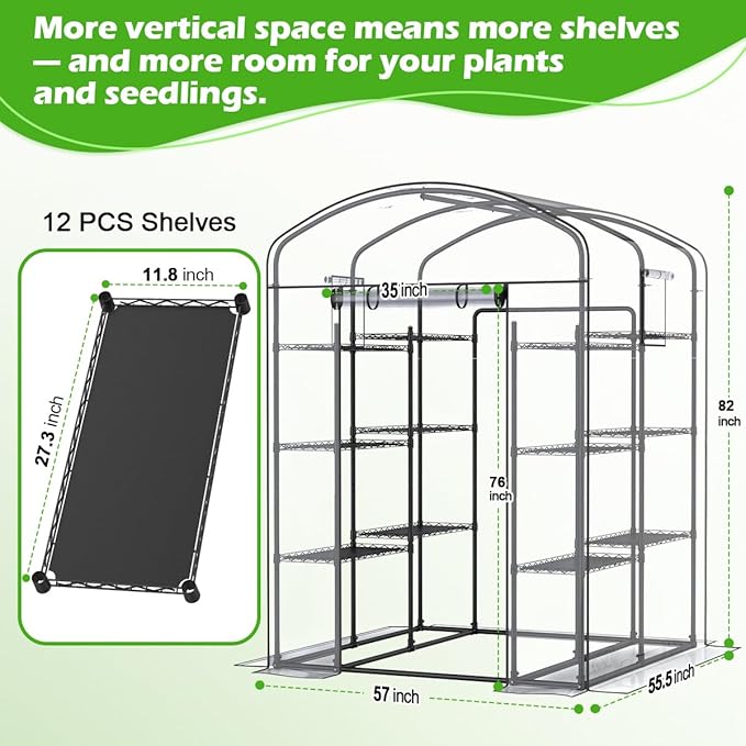 Abimars Walk-in Greenhouse with Height-Adjustable Shelves, Heavy Duty Green House for Outdoors/Indoors, Heavy-Duty Steel Frame & Thickened PVC Cover, 82"x57"x55.5", Black - Image 2