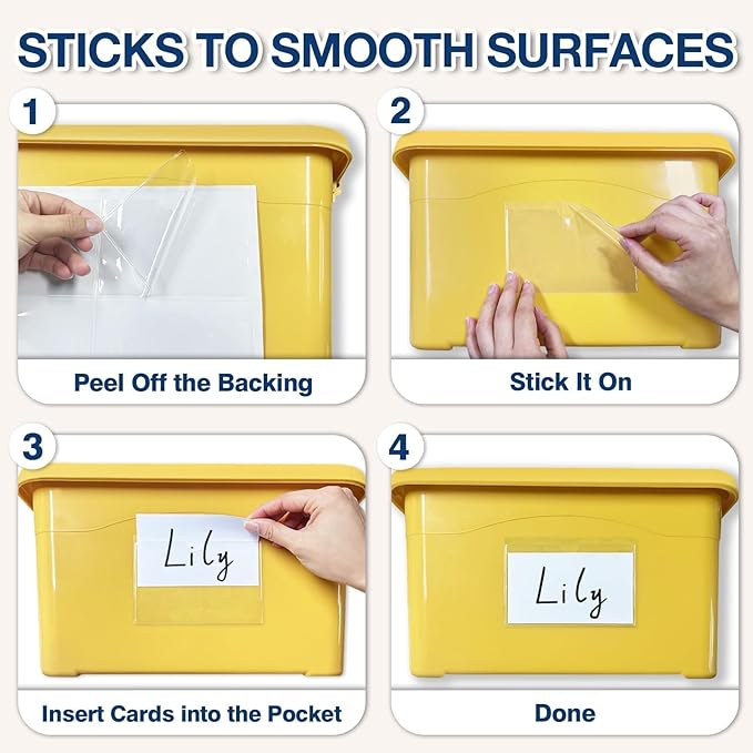 H4D 48 Pack Labels for Storage Bins, 3" x 5" Plastic Clear Adhesive Index Card Holders, Tote Label Pockets for Organizing Storage, Library Card, Shelves - Image 4