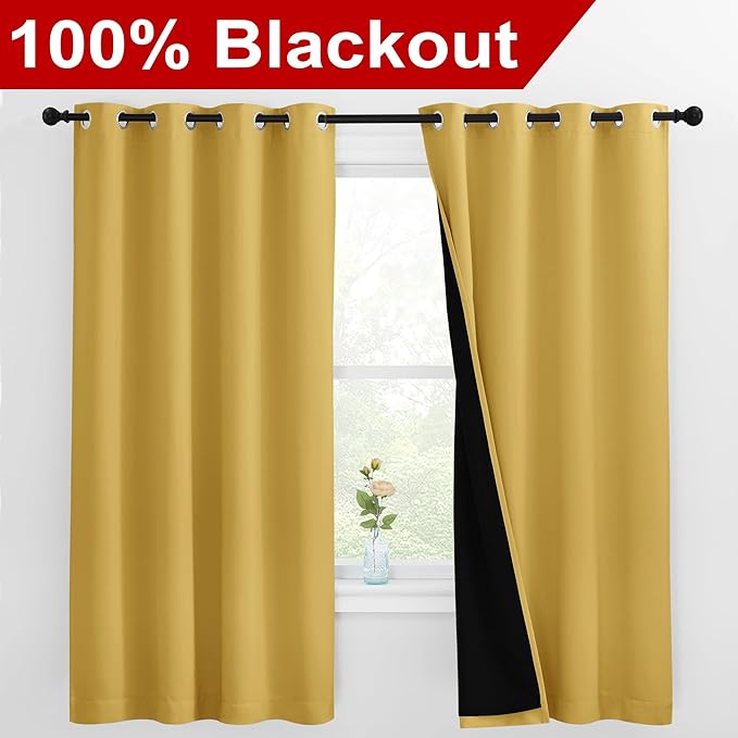 NICETOWN 100% Blackout Curtains with Black Liners, Thermal Insulated Full Blackout 2-Layer Lined Drapes, Energy Efficiency Window Draperies for Bedroom (Bright Yellow, 2 Panels, 55" W by 68" L) - Image 2