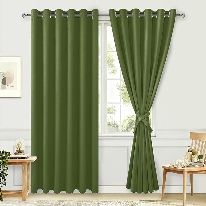 Hiasan Room Darkening Curtains for Bedroom, 70 x 84 Inches - Thermal Insulated & Energy Saving Window Drapes for Living Room/Dorm Room, Set of 2 Panels Sewn with Tiebacks, Olive Green by Hiasan
