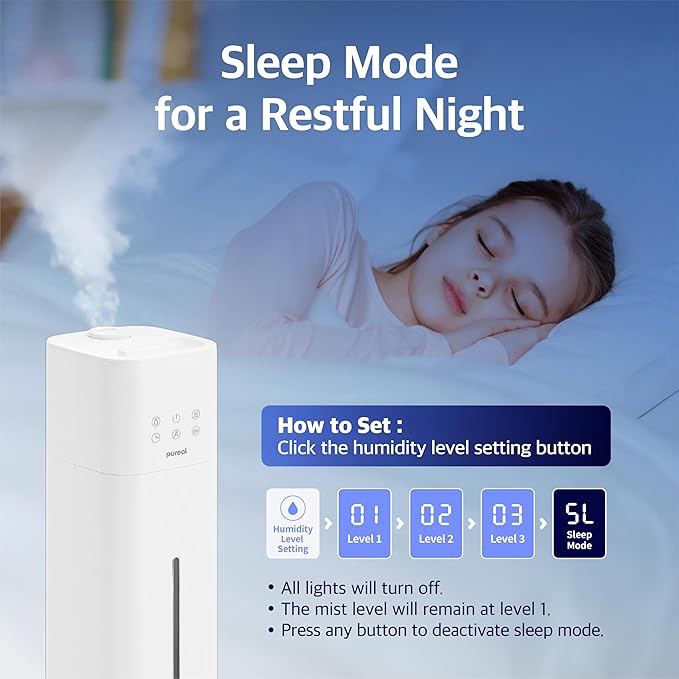 Pureal 10L Tower Humidifier, 83H Runtime, Warm & Cool Mist, Large Room, Top-Fill Tank On Wheels, Auto Mode, 12H Timer, Remote Control, Mood Light, White - Image 9