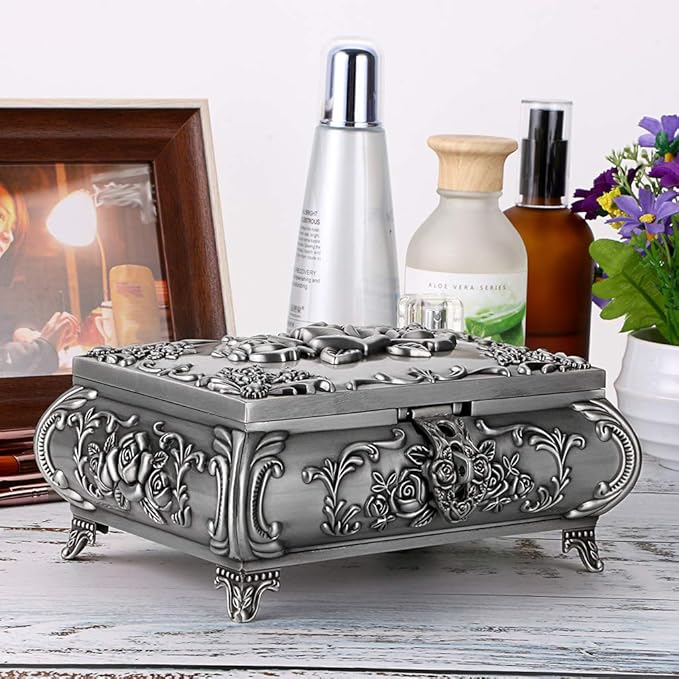 Hipiwe Vintage Metal Jewelry Box Small Trinket Jewelry Storage box For Rings Earrings Necklace Treasure Chest Organizer Antique jewelry Keepsake gift Box Case for Women (Large) - Image 7