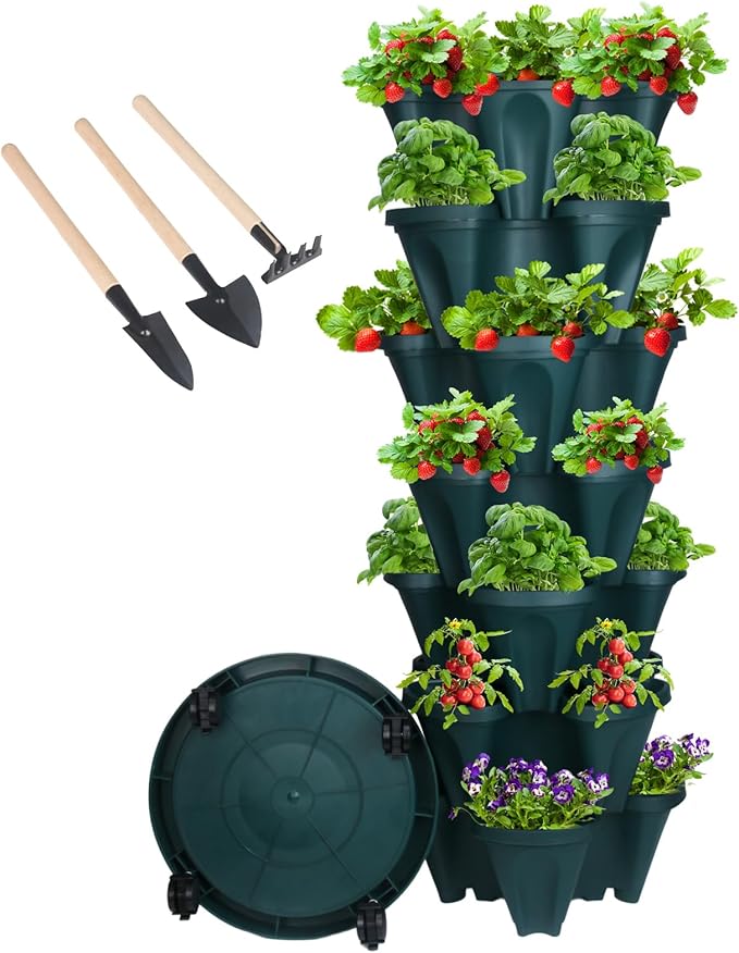 GameXcel Vertical Planter 7 Tier Stackable Planters Garden Planters Strawberry Herb Flower and Vegetable Planter Indoor Outdoor Gardening Pots with Removable Wheels and Tools by GameXcel