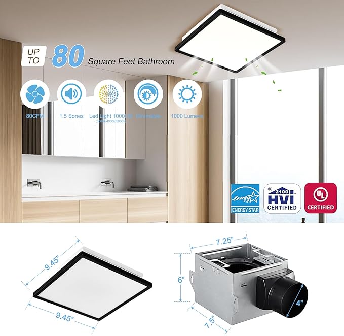 Tech Drive Bathroom Exhaust Fan with Light,80CFM 1.5Sone,Super Quiet Bathroom Ventilation Fan,1000lm Dimmable 3CCT LED Light 3000K/4000K/5000K Selectable, Energy Star Bath Fan, Decorative Black Trim - Image 3