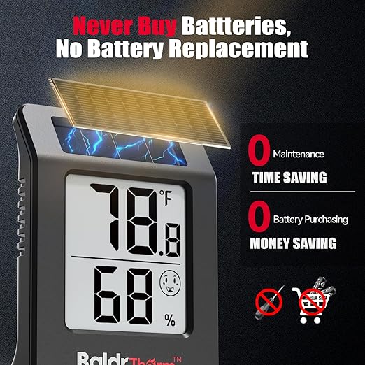BaldrTherm Humidity Meter Hygrometer, Solar-Powered Room Thermometer Indoor Digital Temperature Sensor Monitor, 2.2''Humidity Gauge for Baby Rooms, Home, Office, 1Pack, Black - Image 2