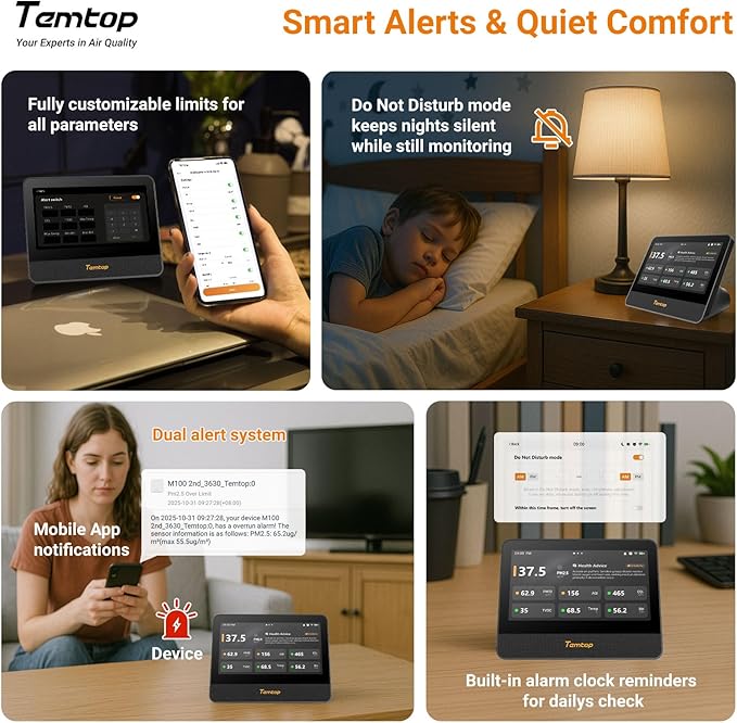 Temtop M100 2nd Gen Air Quality Monitor for Indoor Air, 7-Inch Touch Screen, Real-Time Tester for PM2.5, CO2, TVOC, Temp & Humidity, WiFi App & Multi-Room Monitoring with Smart Insights - Image 8