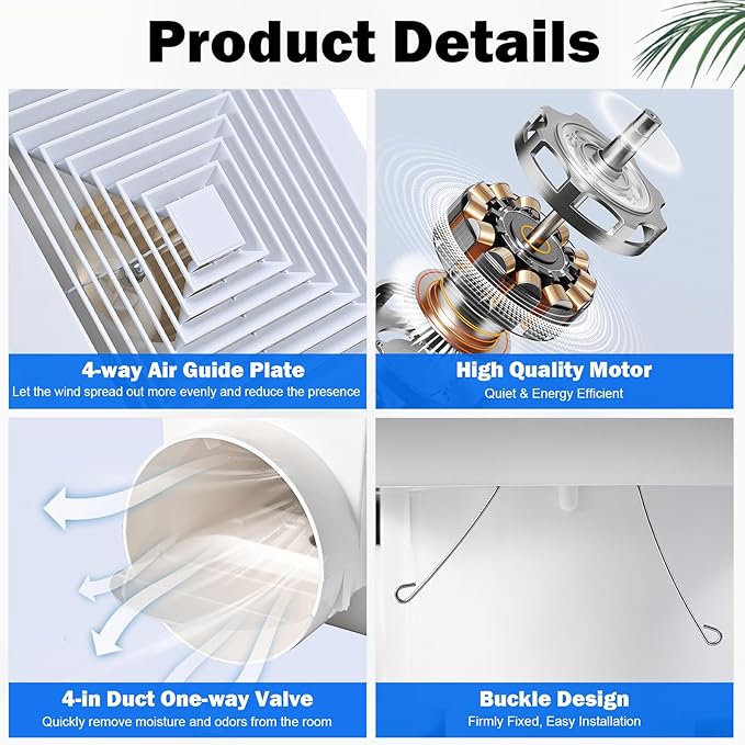 FEITON 110 CFM Bathroom Fan Exhaust Fan Ceiling Mount, 30W, 110V, 1.0 Sones, Square Quiet Ventilation, 4-in Duct, 8.8" x 8.8" Mounting Hole - Image 5