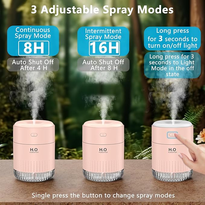 Colorful Mini Humidifier, USB Rechargeable Humidifier, small humidifier, 4 Modes Super Quiet, Humidifiers For Bedroom,Suitable For Travel Office Family Baby Bedroom-Soft Pink - Image 4