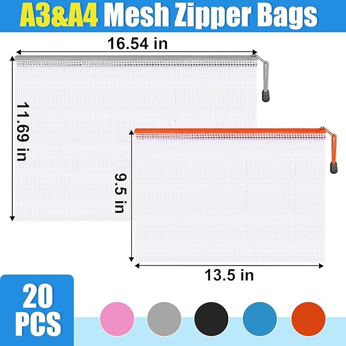 Mesh Zipper Pouch Bags,Zipper Pouches,Mesh Zipper Bags for Organizing,Storage Bags for Office Supplies,Puzzle & Board Game Storage. (A3(10 Pcs)+A4(10 Pcs)) - Image 4