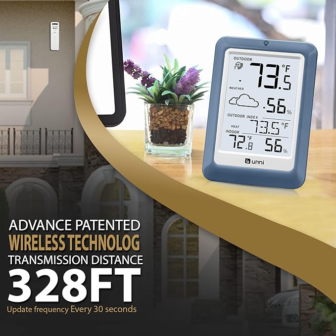 Indoor Outdoor Thermometer Hygrometer Wireless Weather Station, Temperature Humidity Monitor Battery Powered Inside Outside Thermometers with 330ft Range Remote Sensor(Blue) - Image 3