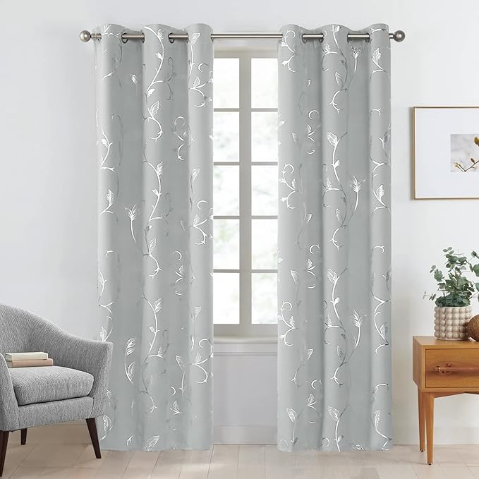 BUHUA Silver Grey Blackout Curtain 2 Panel Set Vine Foil Print Thermal Insulated Drapes Room Darkening Curtains Grommet Window Treatment, 38 x 84 Inch, Silver Grey - Image 2