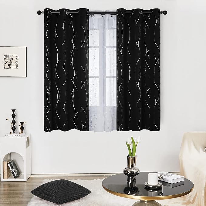 Deconovo Short Blackout Curtains, Black Drapes, Thermal Insulated Soundproof Grommet Curtain, Wave Line Dot Foil Print, 52 x 54 Inch, 2 Panels, Machine Washable Window Panel for Small Windows Kitchen by Deconovo