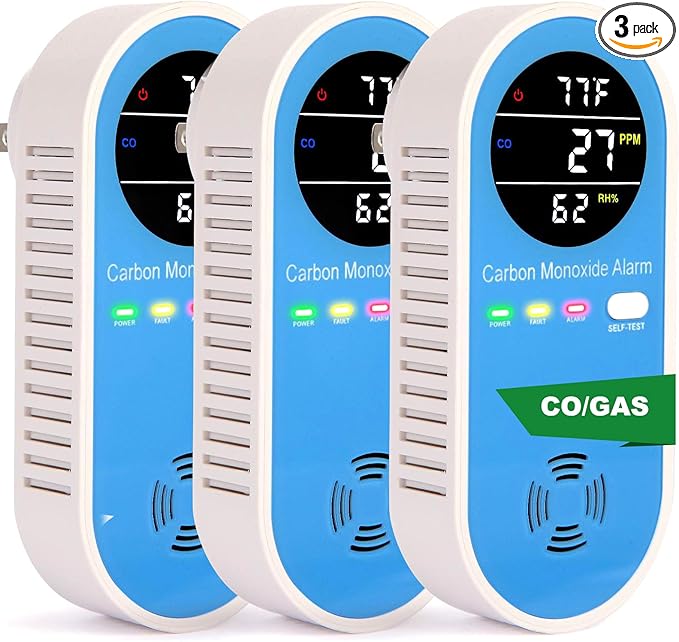 Plug-in Carbon Monoxide Detector with Real-Time CO Display & Temperature/Humidity Monitor, Plug-in CO Alarm for Home, RV, Apartment, Indoor Air Safety 3-Pack by Vzmcov