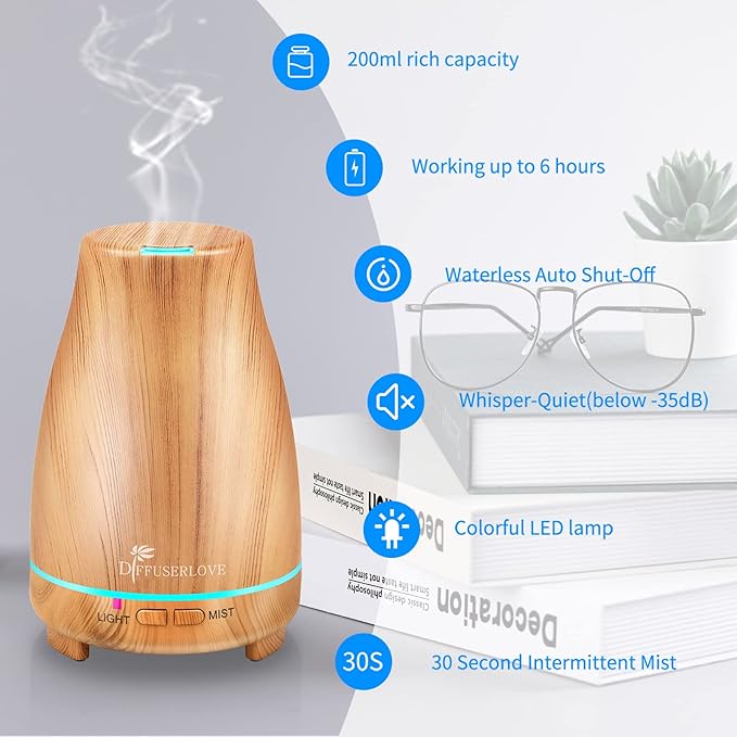 Diffuserlove Essential Oil Diffusers 200ML Diffuser Remote Control Aromatherapy Diffuser with 7 Color Lights, Auto Shut-Off for Bedroom Office Kitchen (Yellow Wood Grain) - Image 3