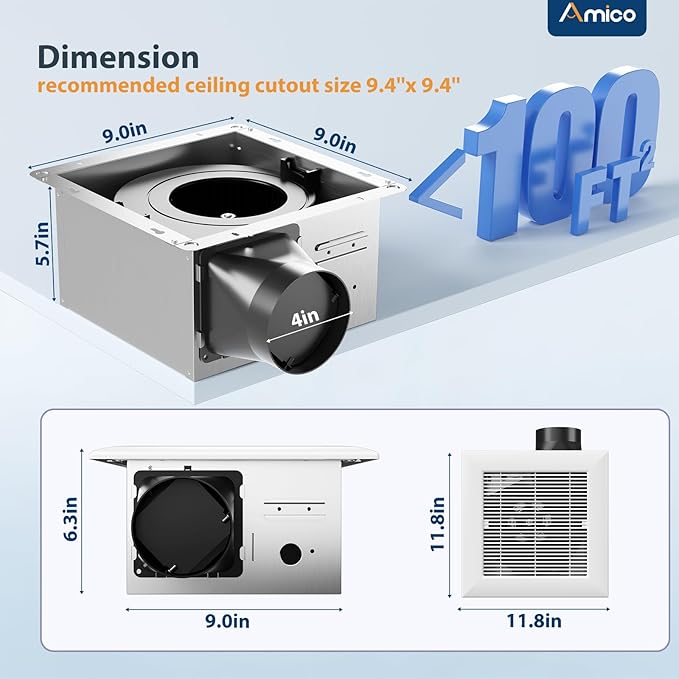 Amico Bathroom Exhaust Fan, 1.0 Sones, 110 CFM, Low Noise, Household Bath Ventilation Fans, Ceiling Mounted, No Attic Access Needed, Easy to Install- ETL & FCC Certified - Image 2