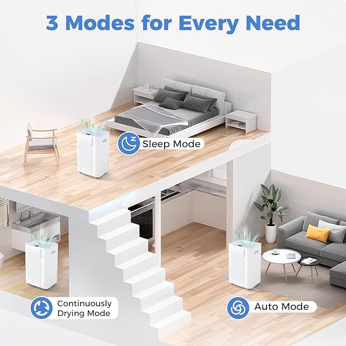COSTWAY 54 Pints Dehumidifier for Basement, 4500 Sq.Ft Portable Dehumidifier with Drain Hose, 1.1 Gal Water Tank, 3 Modes, 24 H Timer, 3-Color Light, Auto Defrost, Memory, Child Lock - Image 4